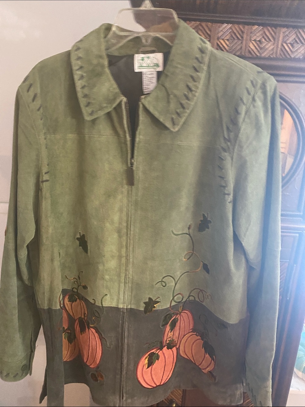 Quacker Factory Green Suede Jacket with Pumpkin Motif